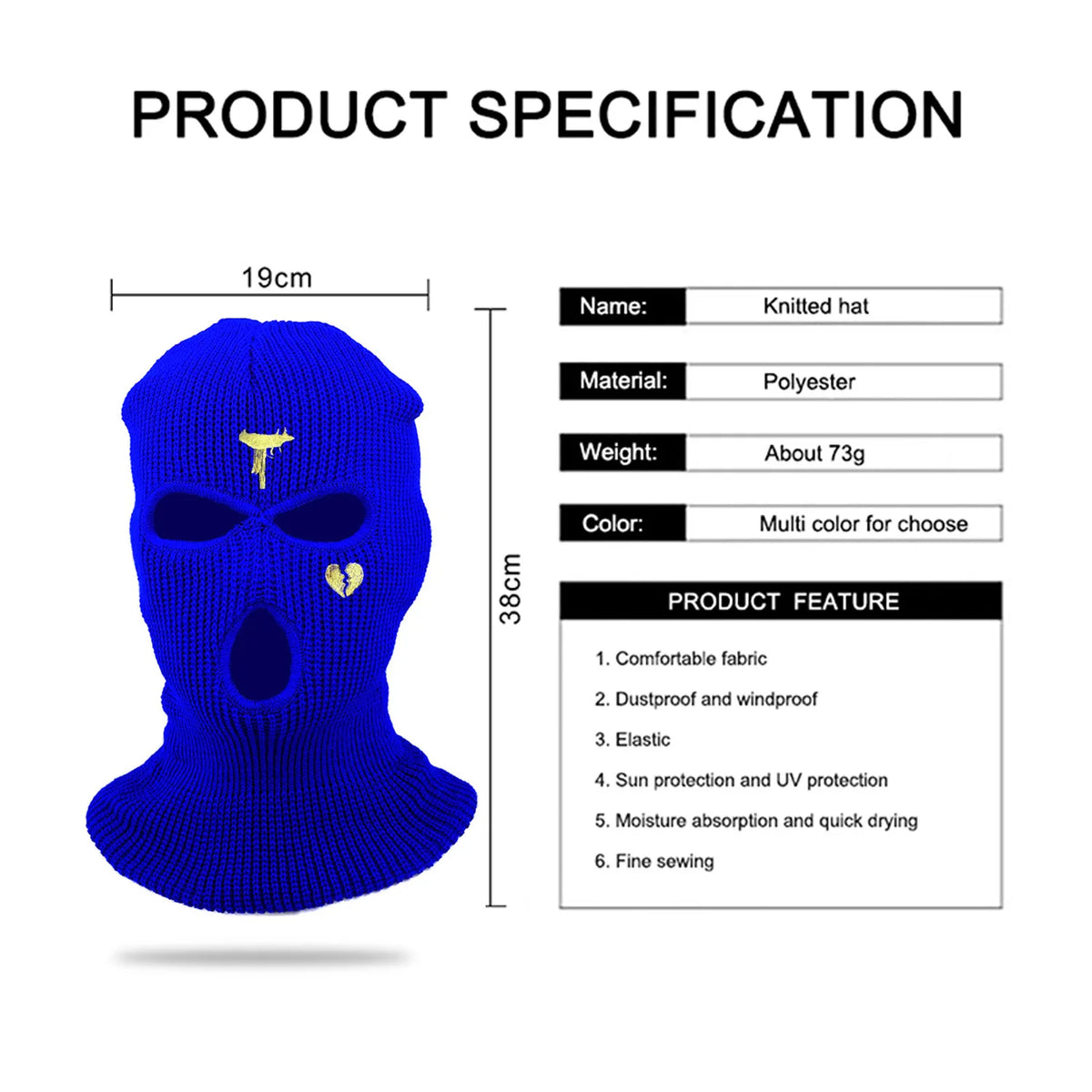 3Holes Winter Warm Unisex Balaclava Mask Hat Embroidery Full Face Mask Knitted Cycling Ski Snowboard Hat Cap Hip Hop Beanie Gift
