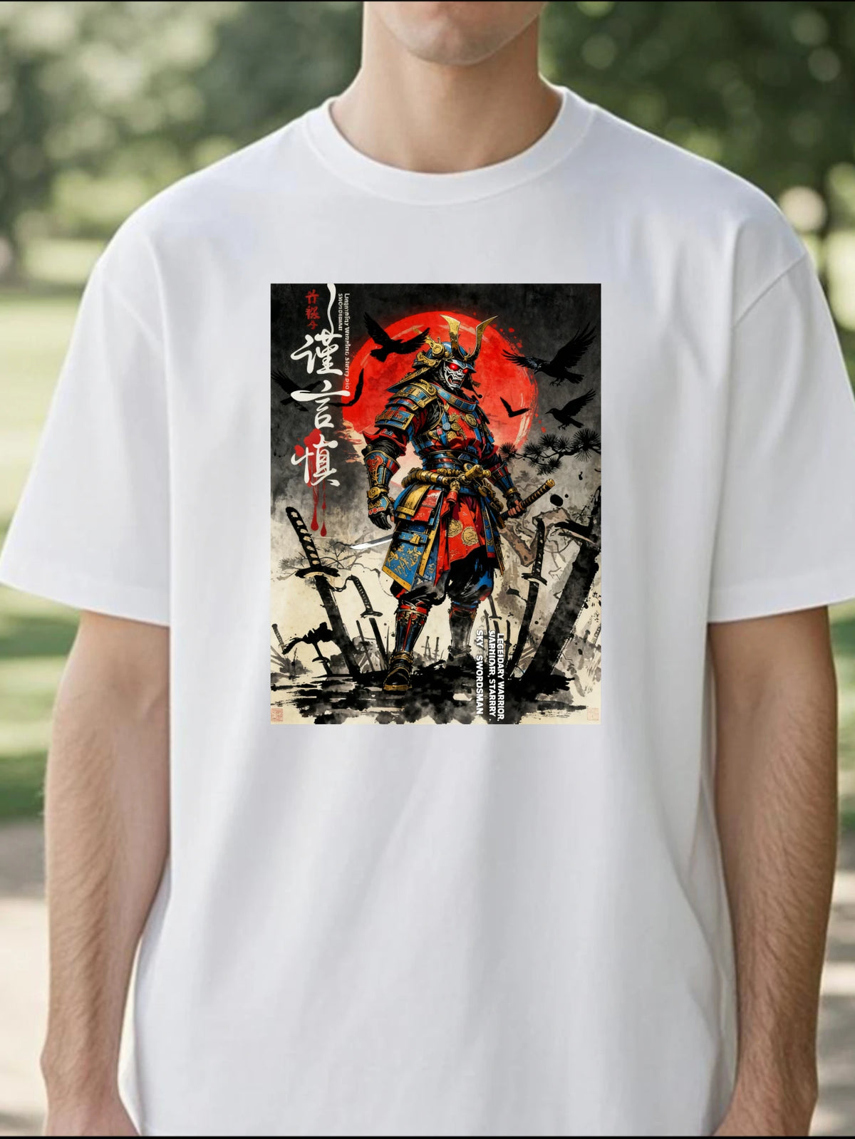 100% pure cotton short sleeved T-shirt Samurai Warrior Standing With Sword Red Moon Background Japanese Calligraphy Artwork Traditional Style Design Easy to wear and match, comfortable and fashionable, suitable for all season