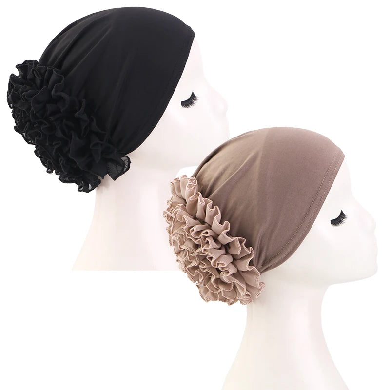 New breathable chiffon hat with large flowers Solid color thin bottom cap Islamic Head Wrap Women's elastic anti hair loss hat