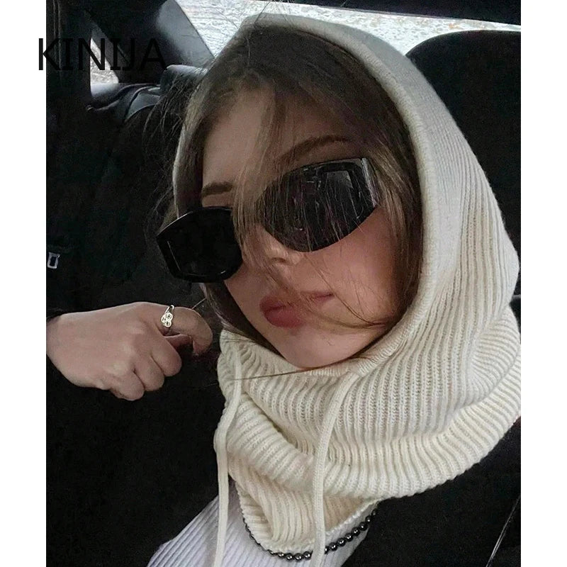 Winter Balaclava Hat for Men&Women Knitted Hooded Cap Outdoor Windproof Drawstring Hat One-Piece Neck Beanie Capofficial website