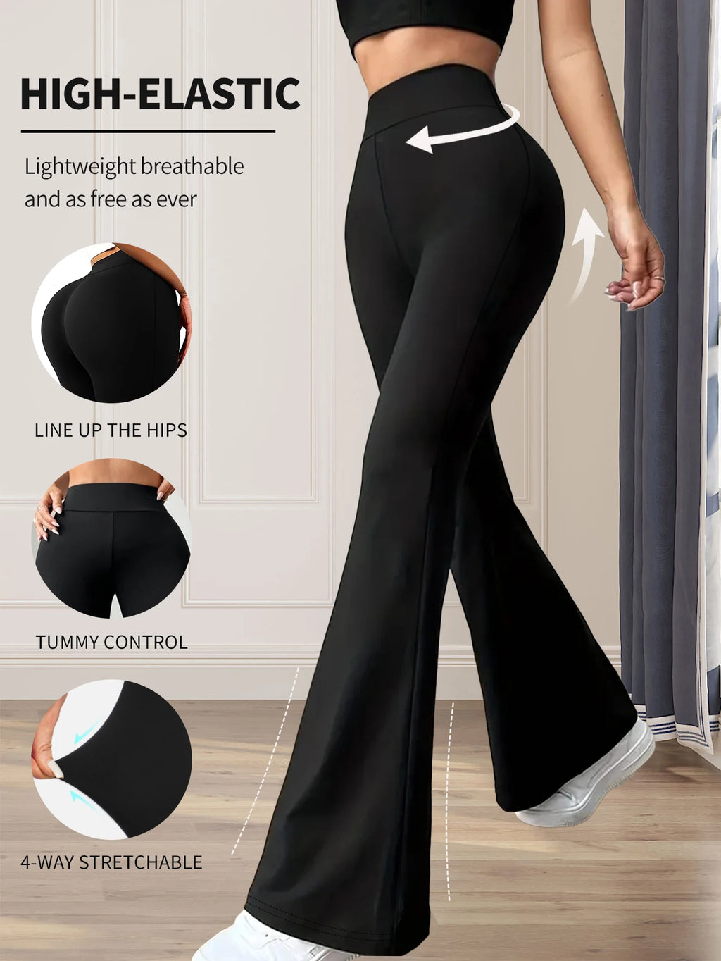 Women's spring and summer high waisted tight fitting flared pants, slim leg long black pants, thin wide leg pants for slim women