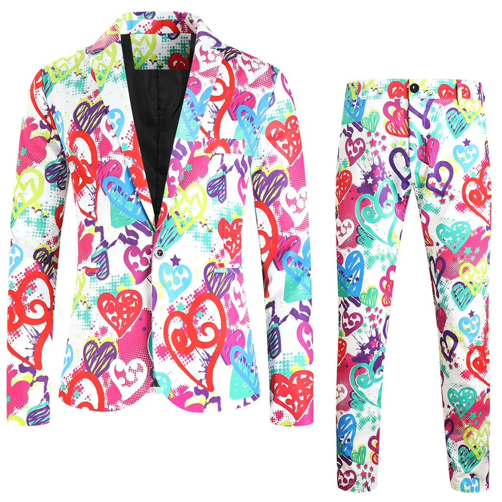 Suit Jacket Mens Two Piece Set Valentine Day Love Printing Dinner Date Suit Jackets Pants Two Piece Suit Male Clothing Hombre
