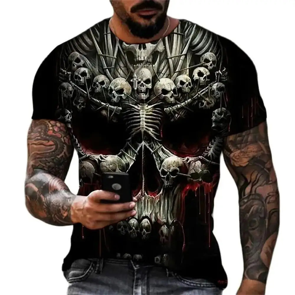 Men's Casual T-Shirt, Gothic Skull Heart Hands Graphic Black Short Sleeve Crew Neck Tee Cool Streetwear Halloween Fashion Top