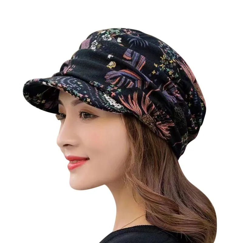 New Autumn Women Peaked Cap Short Brim Warm Foldable Earflap Women Cap Ethnic Style Floral Print Winter Hat Daily Clothing