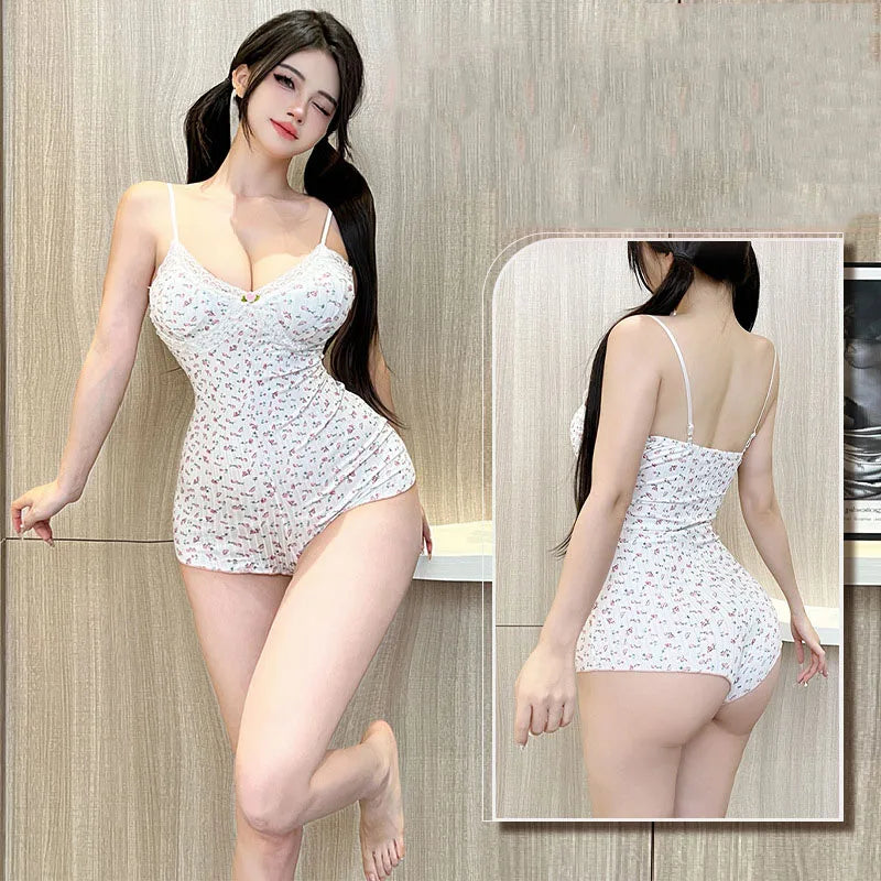 Women Sexy  Floral Print Bodysuit Lace Trim Sleeveless Slim Fit Leotard Summer Jumpsuit Romper Sexy Underwear Nightwear Lingerie