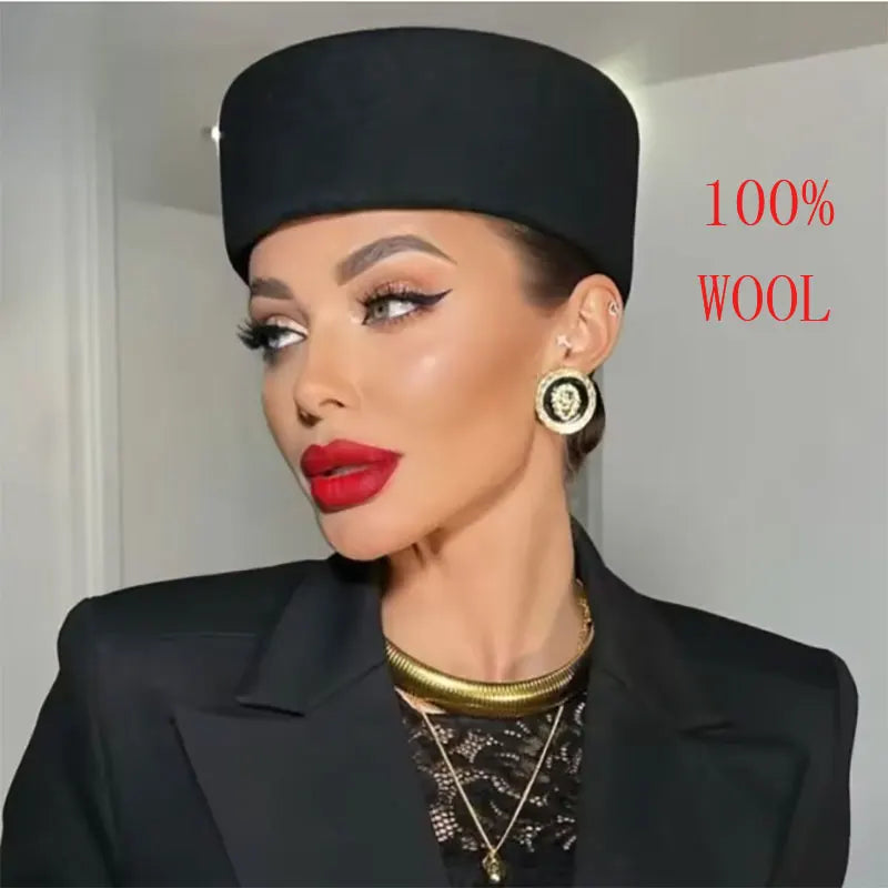 Retro Flight Attendant Ball Hat Women's 100% Wool Felt Beret Party Charming Hat Wedding Cocktail Party Medicine Box Hat