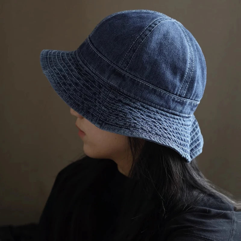 Japanese Retro Simple Dome Denim Basin Caps for Women Spring and Summer Travel Casual Versatile Sunscreen Bucket Hats Men