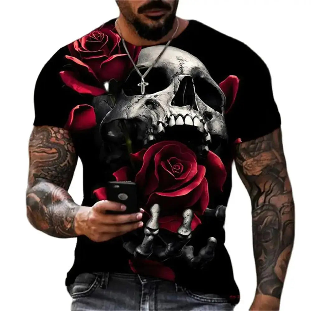 Men's Casual T-Shirt, Gothic Skull Heart Hands Graphic Black Short Sleeve Crew Neck Tee Cool Streetwear Halloween Fashion Top