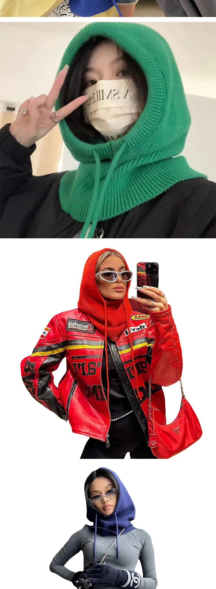 Winter Balaclava Hat for Men&Women Knitted Hooded Cap Outdoor Windproof Drawstring Hat One-Piece Neck Beanie Capofficial website
