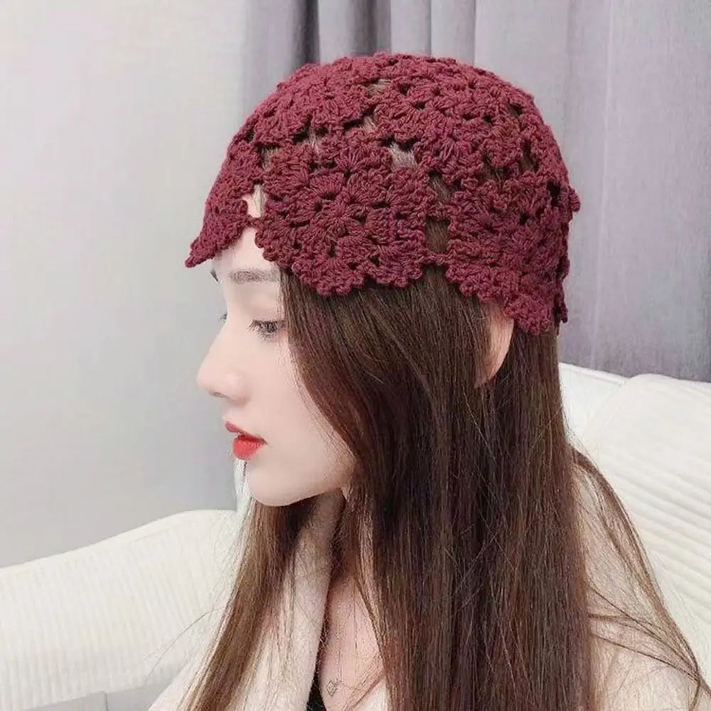 Women's Hollowed Out Knitted Hat Casual Beret Cap Fashion Flowers Breathable Skullies Hat Sun Visor Summer Headwear
