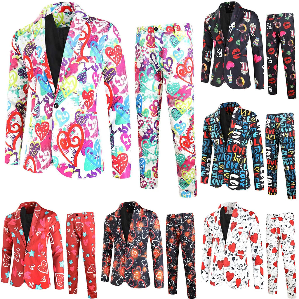 Suit Jacket Mens Two Piece Set Valentine Day Love Printing Dinner Date Suit Jackets Pants Two Piece Suit Male Clothing Hombre