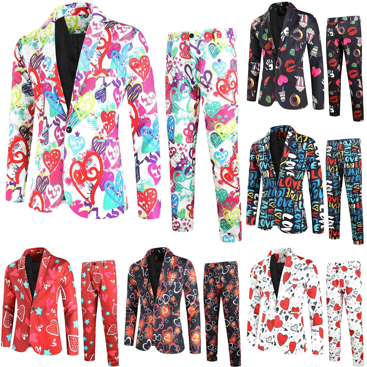 Suit Jacket Mens Two Piece Set Valentine Day Love Printing Dinner Date Suit Jackets Pants Two Piece Suit Male Clothing Hombre