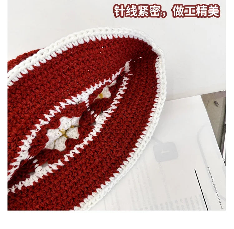 2025 Autumn New Crochet Korean Handmade Bucket Hat Women Weaving Knitted Hat Y2k Fashion Flowers Autumn Winter Beanies Basin Cap
