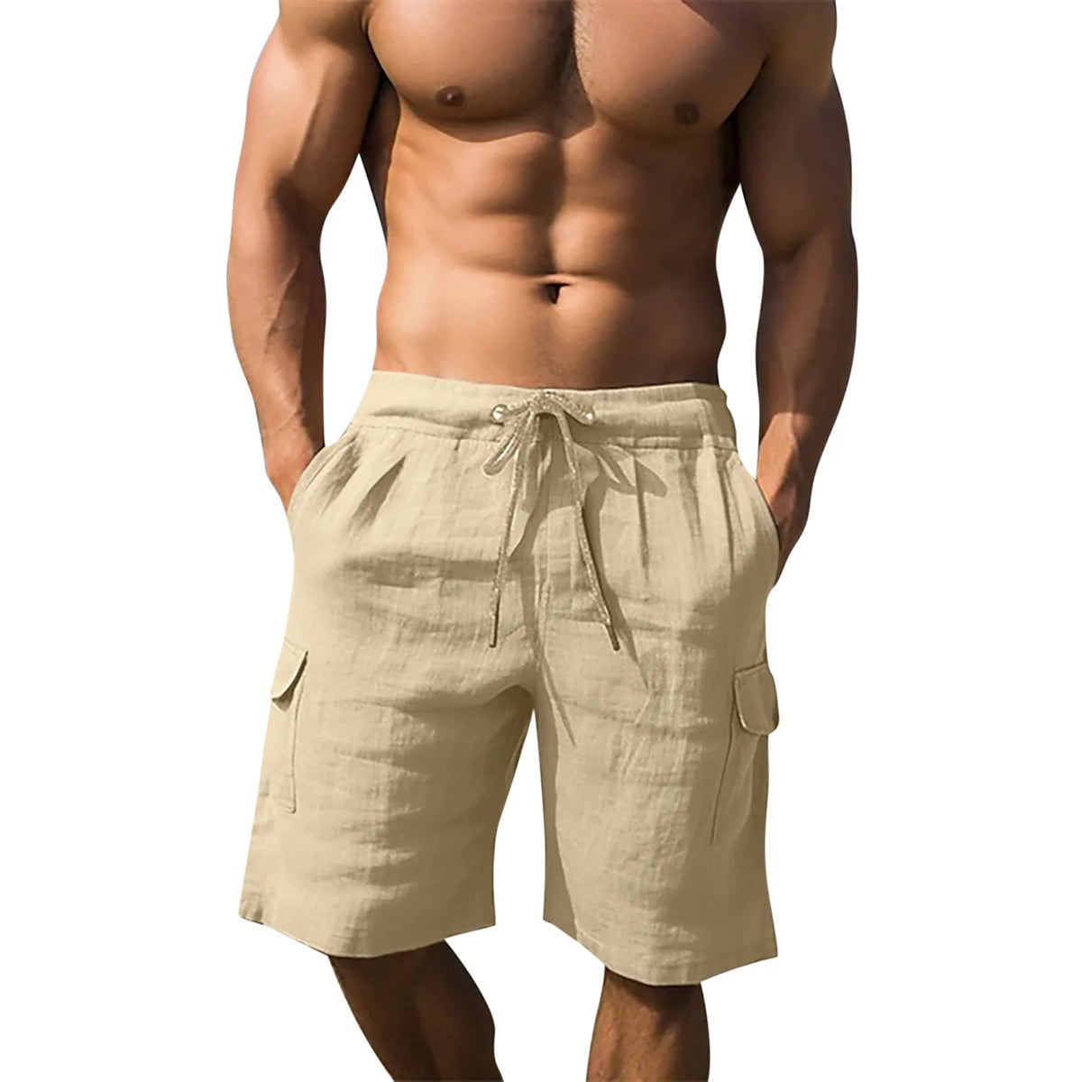 Men Spring And Summer Pant Casual All Solid Color Cotton Linen Loose Trouser Fashion Pockets Wide Leg High Waist A-word Shorts