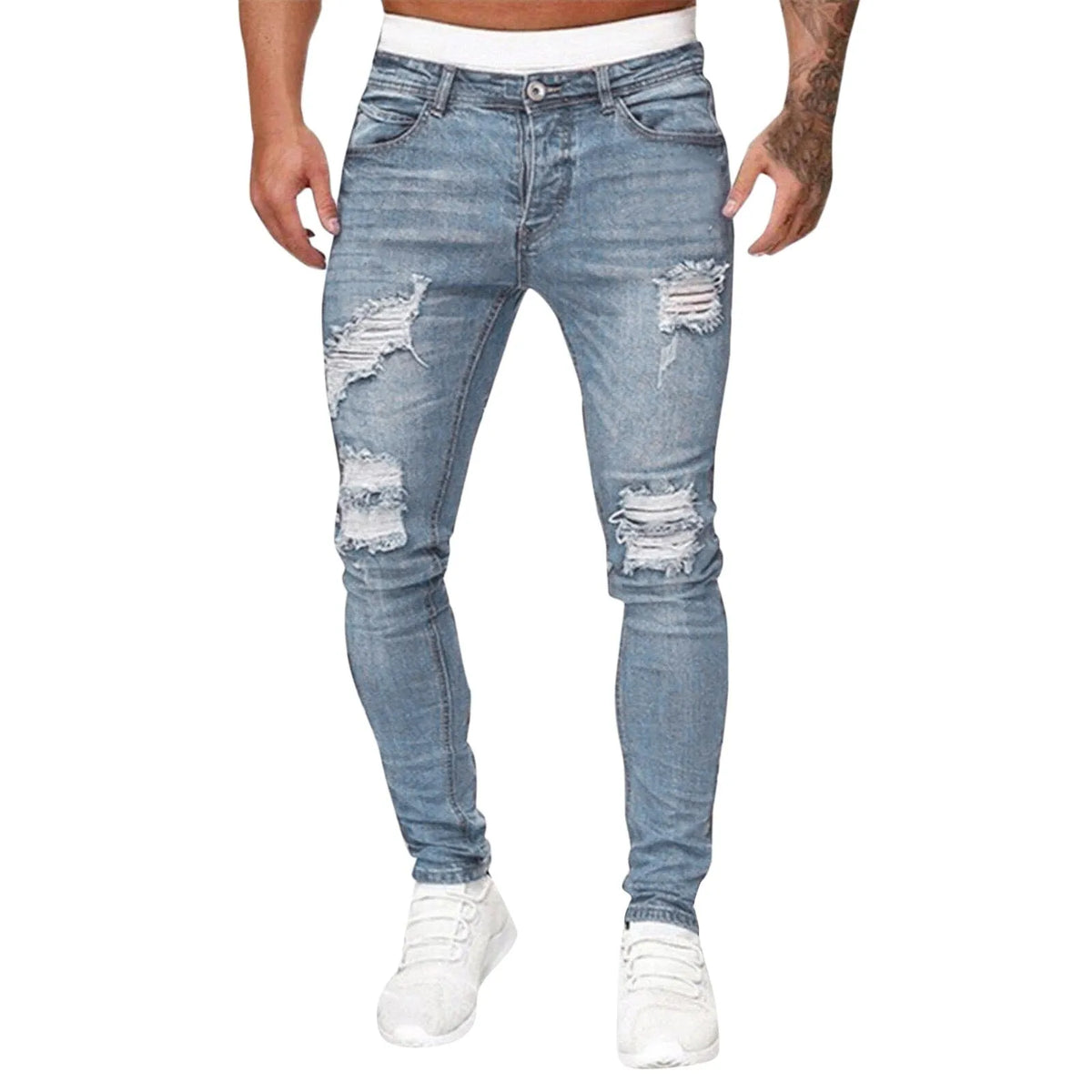 Men'S Casual Hip Hop Sports High Stretch Tight Wash Polished White Ripped Fit Zipper Jean Pants Business Stretch Men'S Jeans