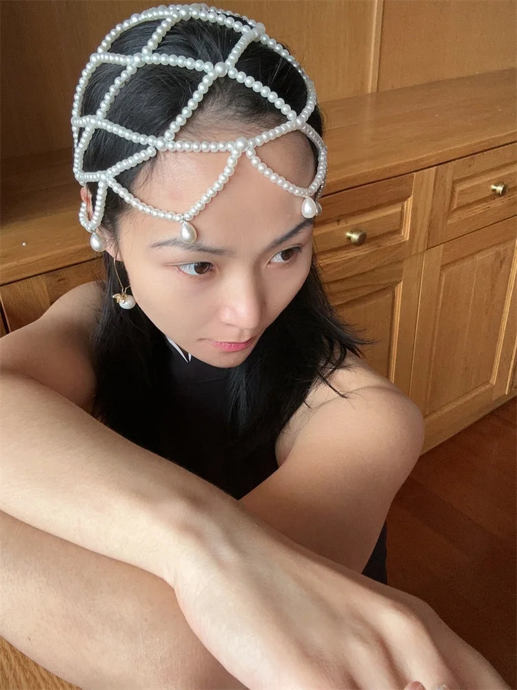 2024 new fashion chic women white handmade pearl weave hat