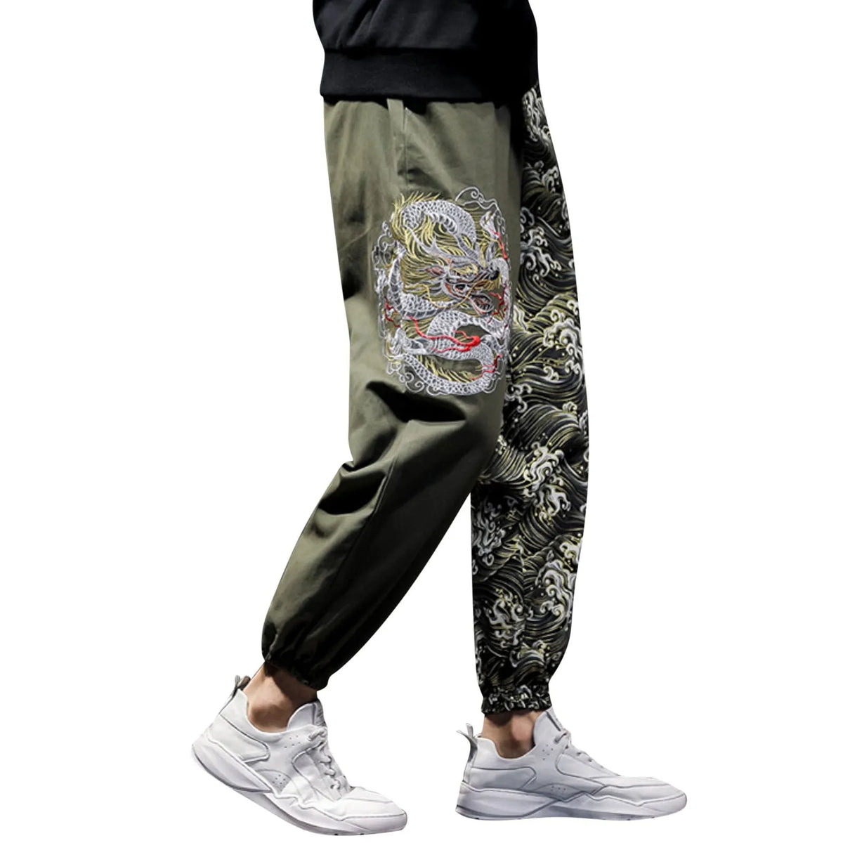 Flat Front Loose Mens Japanese Retro Trend Embroidered Color Matching Casual Trousers