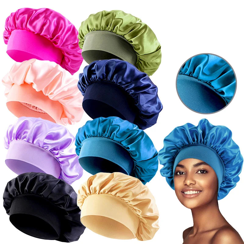New Women's Satin Solid Wide-brimmed Sleeping Hat Unisex Head Wrap Elastic Band Cap Hair Care Bonnet Night Hat bonnet de nuit