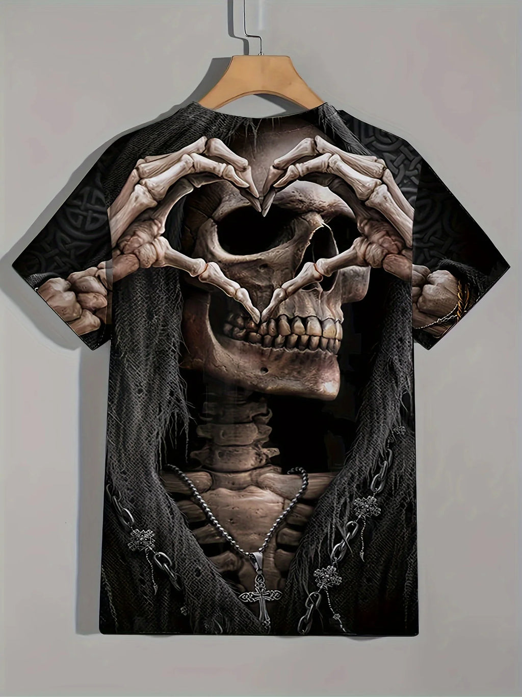 Men's Casual T-Shirt, Gothic Skull Heart Hands Graphic Black Short Sleeve Crew Neck Tee Cool Streetwear Halloween Fashion Top