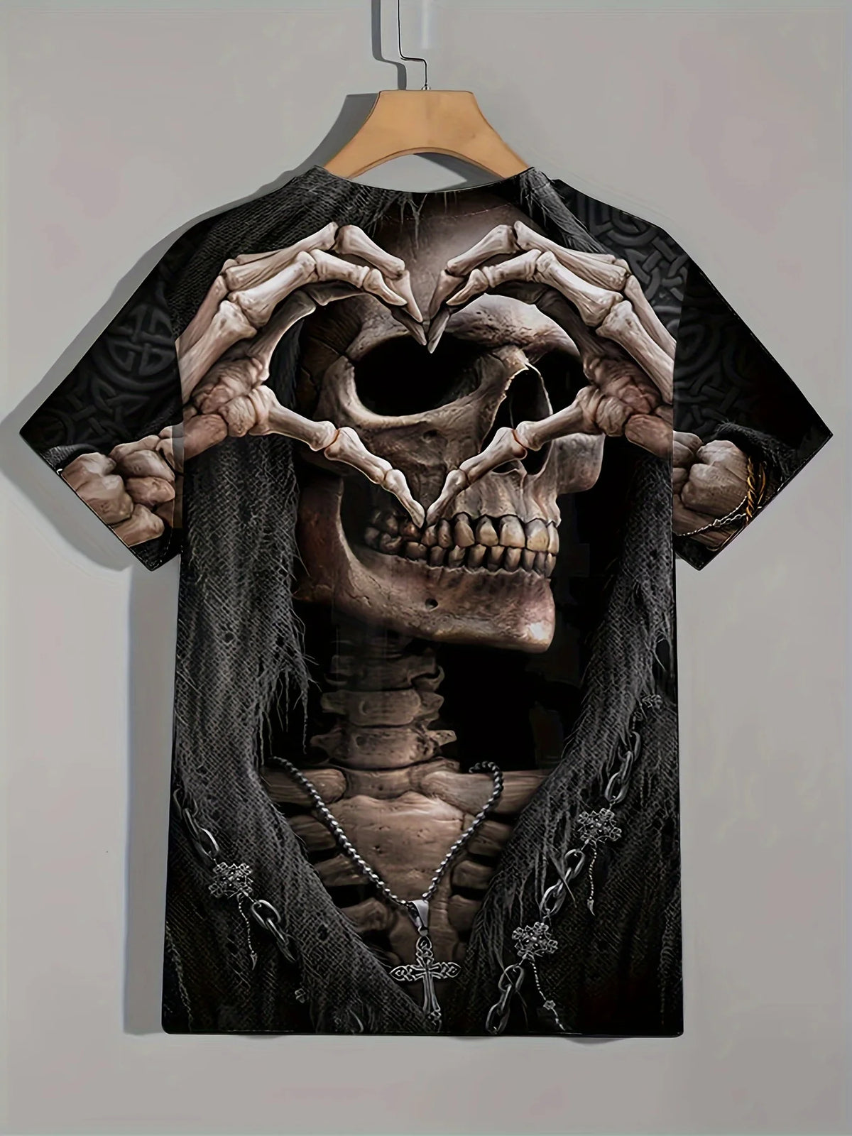 Men's Casual T-Shirt, Gothic Skull Heart Hands Graphic Black Short Sleeve Crew Neck Tee Cool Streetwear Halloween Fashion Top