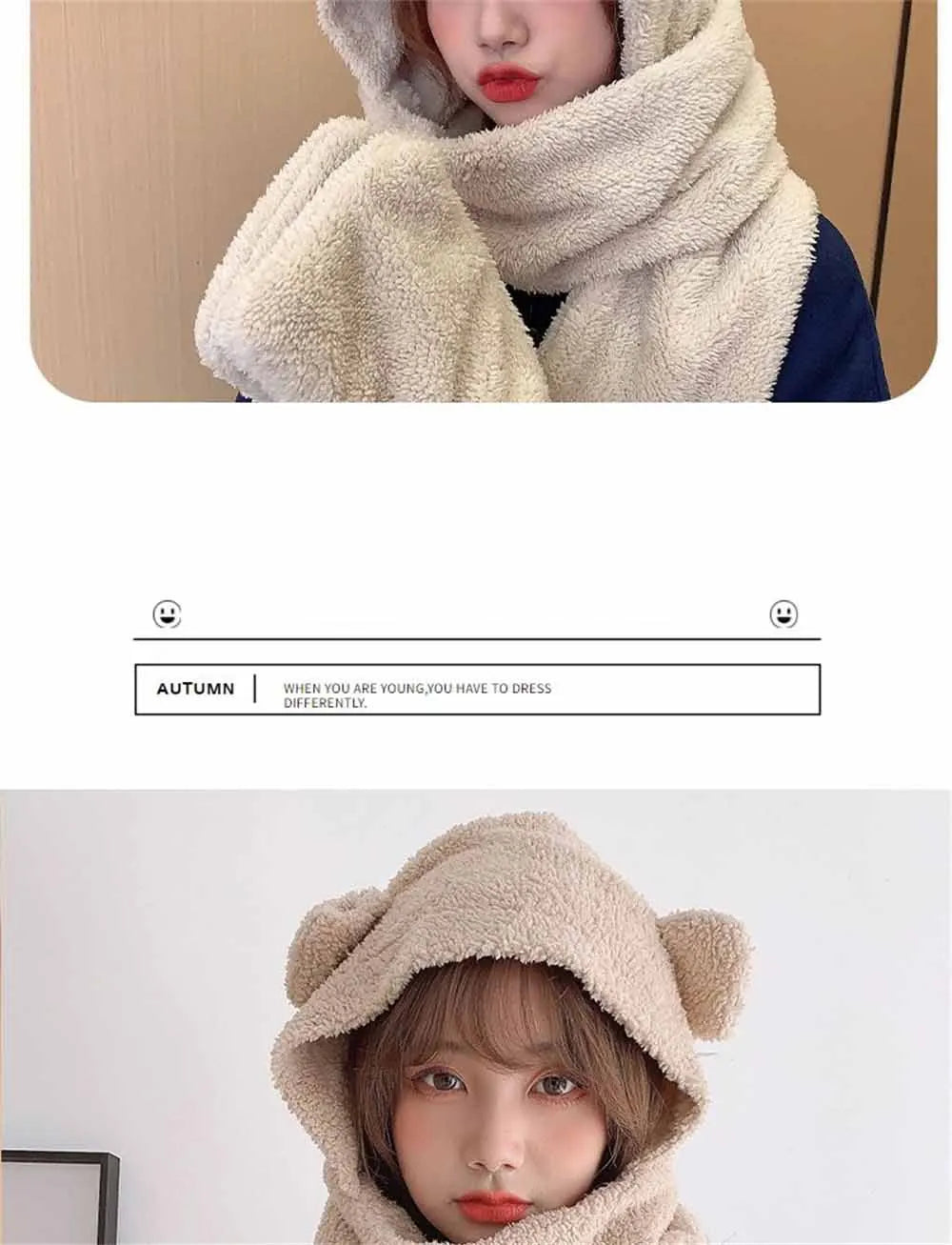 Cute Bear Ear Hat Fashion Winter Warm Comforts Polyester Thickened Plush Hoodie Hat Scarf Gloves Set Girl Kawaii Warm Casual Hat