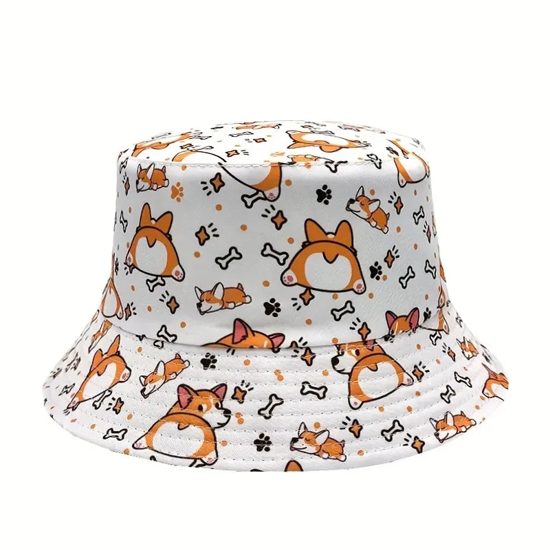 Bocca Cartoon Dog Bucket Hat Corgi Puppy Printing Fisherman Hats Double Sides Panama Cap Adult 58cm Caps Outdoor Travel Summer