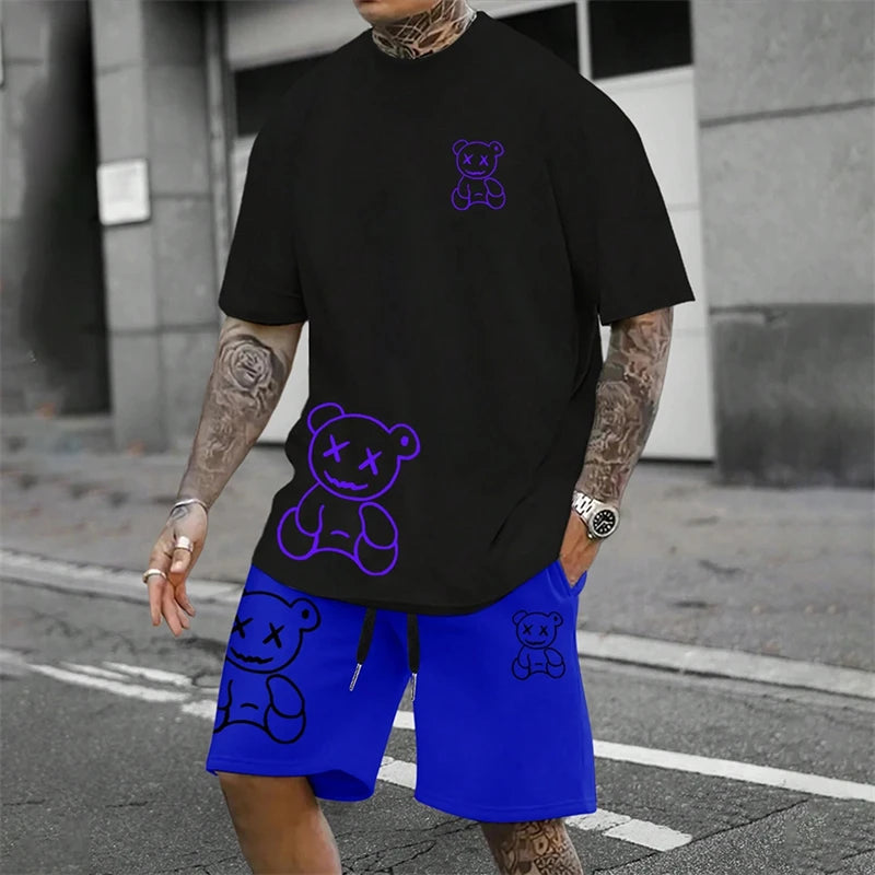 2024 Fun Bear Harajuku T-Shirt Men's Summer Loose Daily Couple Suit Outdoor Street Short Sleeve Shorts Two Piece Men Summer Suit