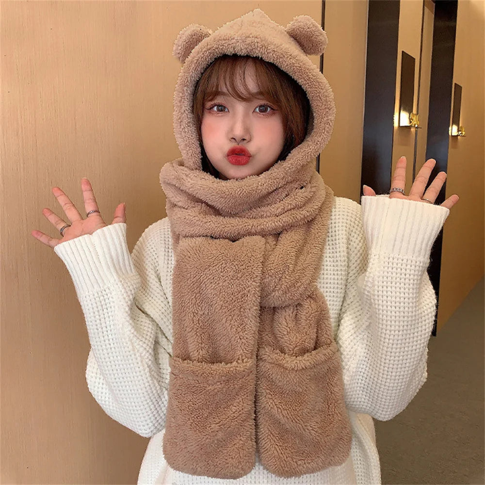 Cute Bear Ear Hat Fashion Winter Warm Comforts Polyester Thickened Plush Hoodie Hat Scarf Gloves Set Girl Kawaii Warm Casual Hat