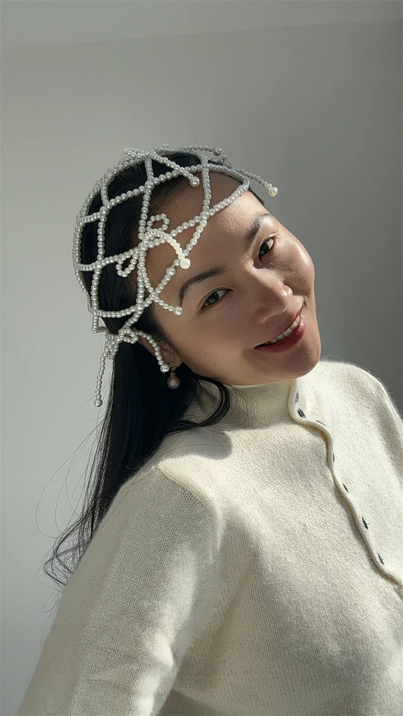 2024 new fashion chic women white handmade pearl weave hat