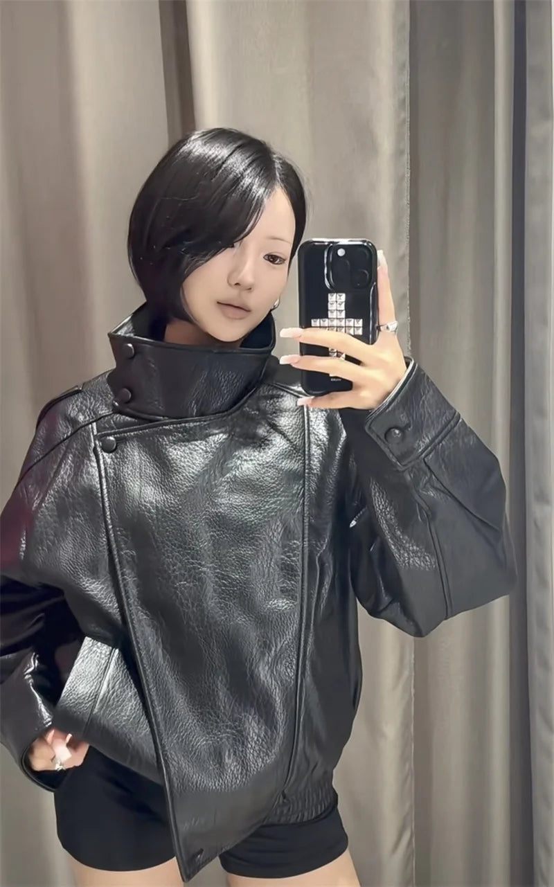Women's Jacket Fall 2025 New Black Long Sleeve Pebble Faux Leather Jacket Motorcycle Style Personality Fashion
