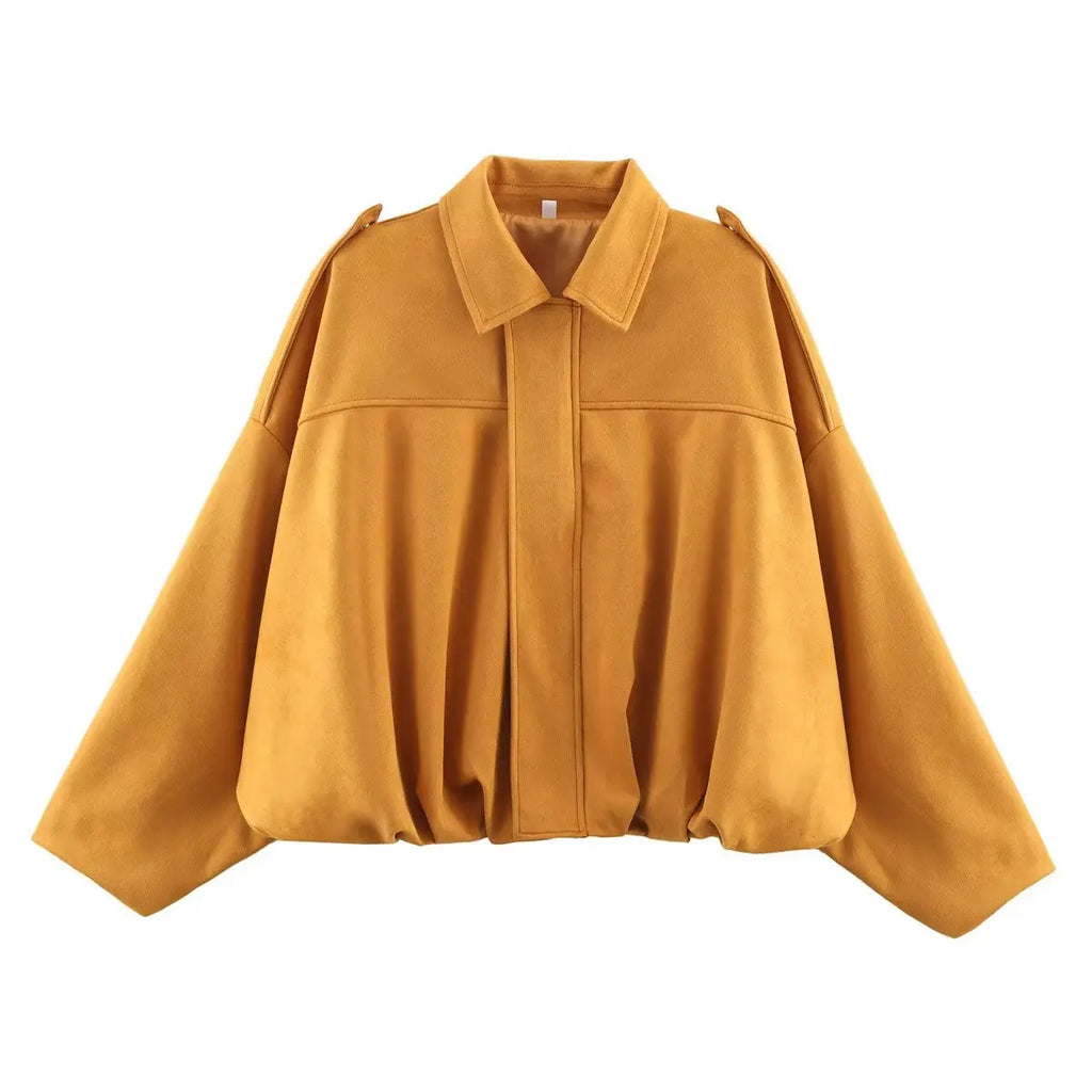 ETJ 2026 Spring New Women's Suede Texture Effect Loose Version of Fashion Lapel Shoulder Jacket