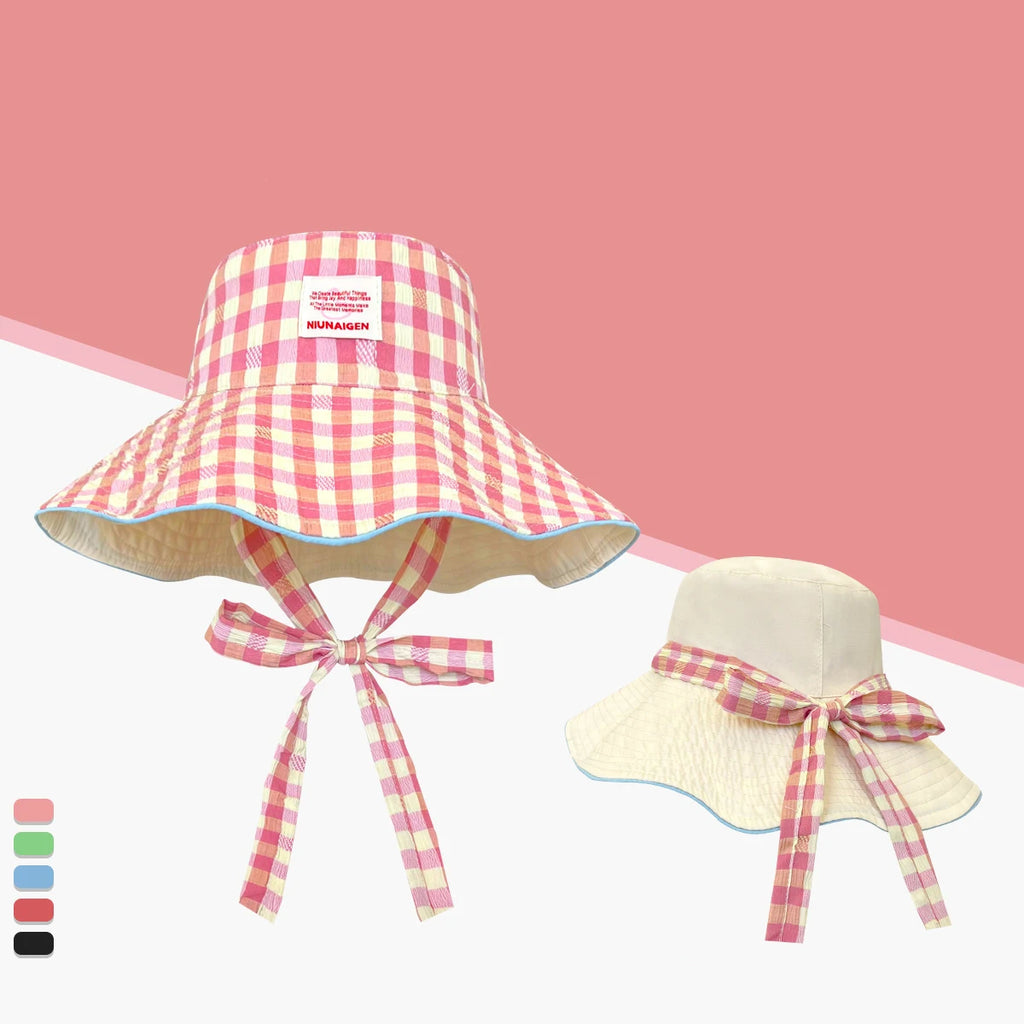 Plaid fisherman hat trendy seaside beach sunshade hat double-sided wearable plaid summer sunscreen hat
