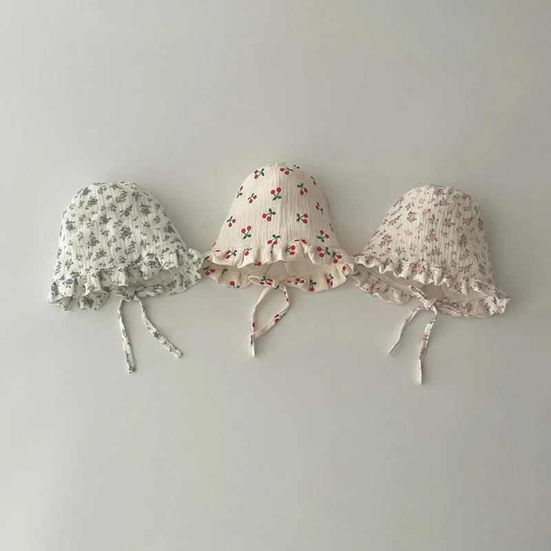 Korean Print Baby Sun Hat Cute Flower Cherry Infant Girls Princess Cap Spring Autumn Cotton Newborn Ear Protection Caps Bonnet