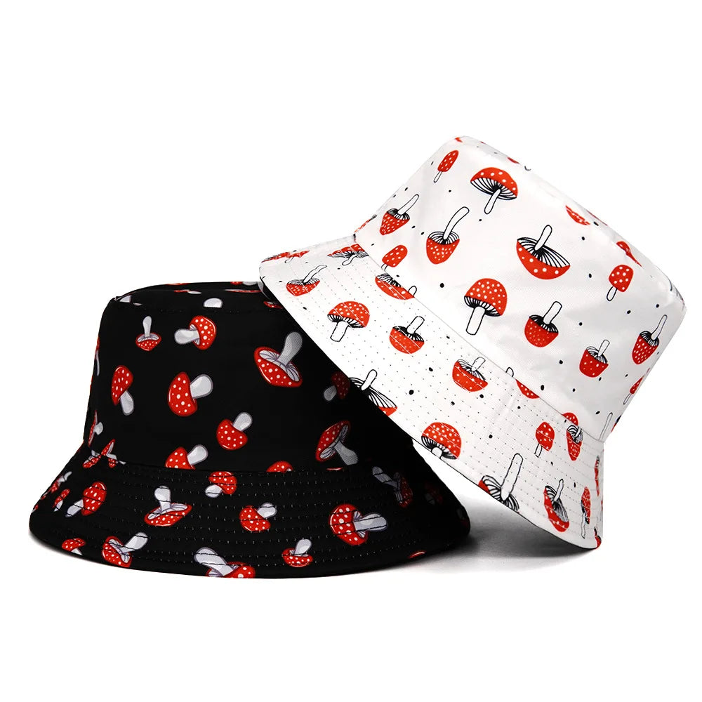 Unisex Hats Sun Shading Outdoor Sports Fishing Sun Hats Fashion Personalized Verstaile Mushroom Print Double-sided Bucket Hats