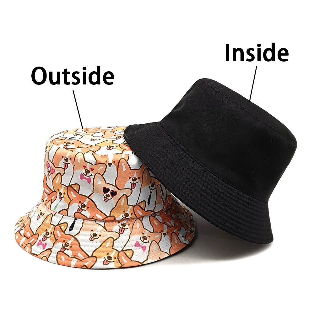 Bocca Cartoon Dog Bucket Hat Corgi Puppy Printing Fisherman Hats Double Sides Panama Cap Adult 58cm Caps Outdoor Travel Summer