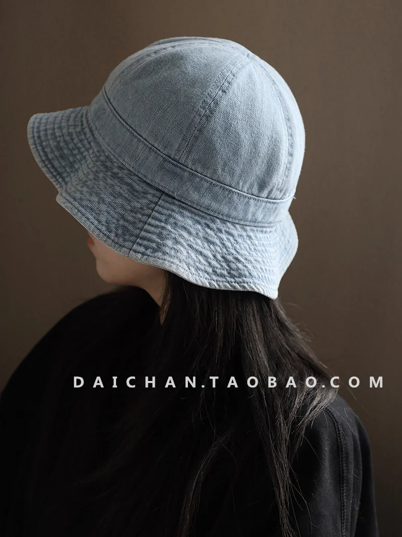 Japanese Retro Simple Dome Denim Basin Caps for Women Spring and Summer Travel Casual Versatile Sunscreen Bucket Hats Men