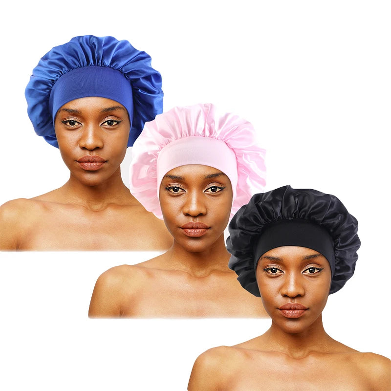 3PCS/LOT Unisex Elastic Band Cap For Brimmed Night Hat Bath Cap Extra Large Satin Silky Bonnet Sleep Hat For Curly Springy