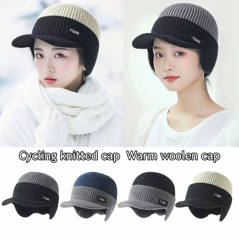 Knit Baseball Cap Winter Thermal Ear Protection Hat Windproof Men Women Outdoor Sports Couples Hats Fleece Block Dual-Tone Hats