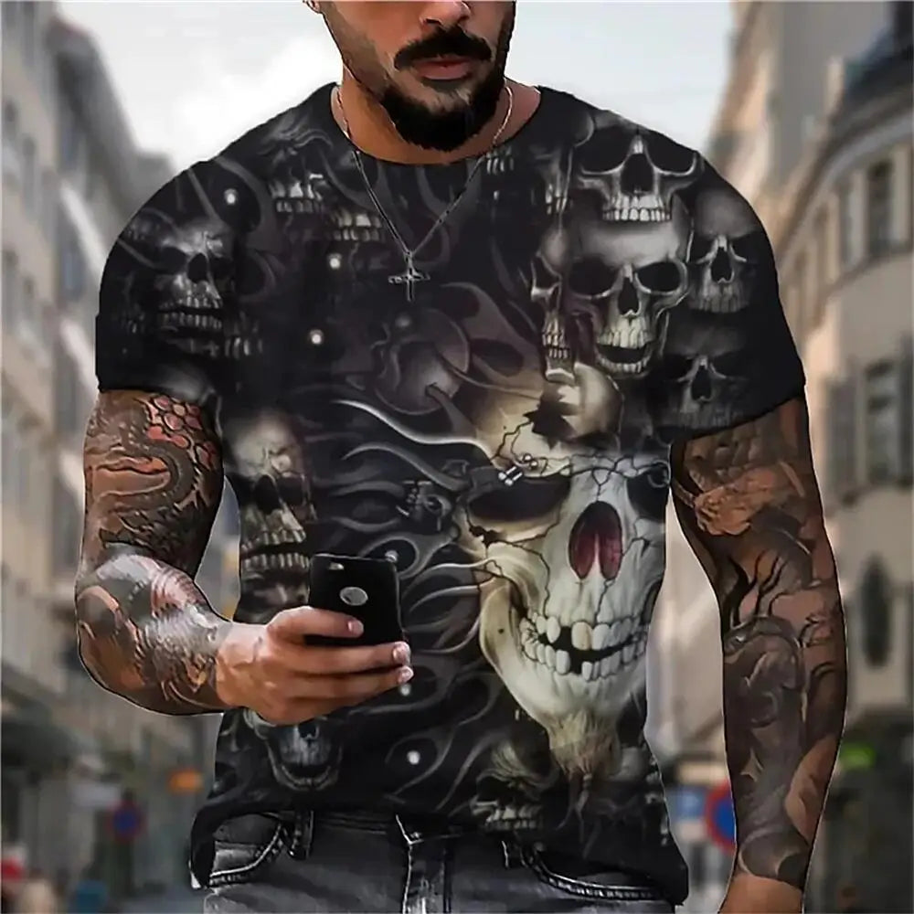 Men's Casual T-Shirt, Gothic Skull Heart Hands Graphic Black Short Sleeve Crew Neck Tee Cool Streetwear Halloween Fashion Top