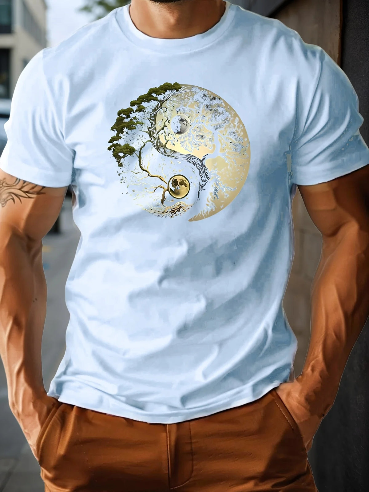 Men's summer 100% pure cotton fashionable casual loose sports yin-yang tree pattern print round neck short sleeved T-shirt top