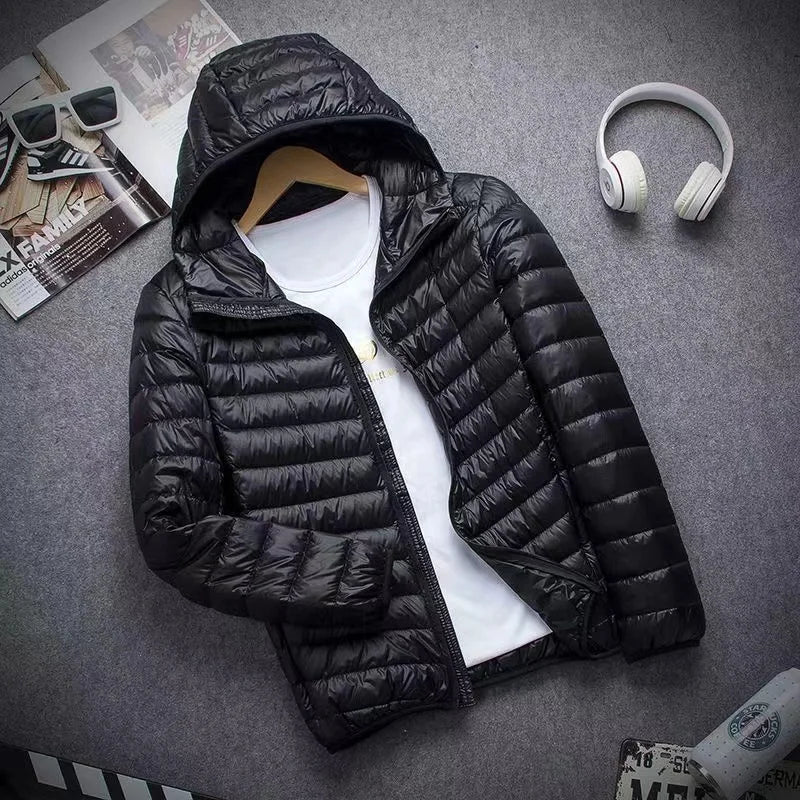 0-10℃ Men's Winter Jacket Ultra Light Duck Down Jackets Portable Hooded Puffer Feather Thin Parkas Windproof Outerwear Coat 5XL