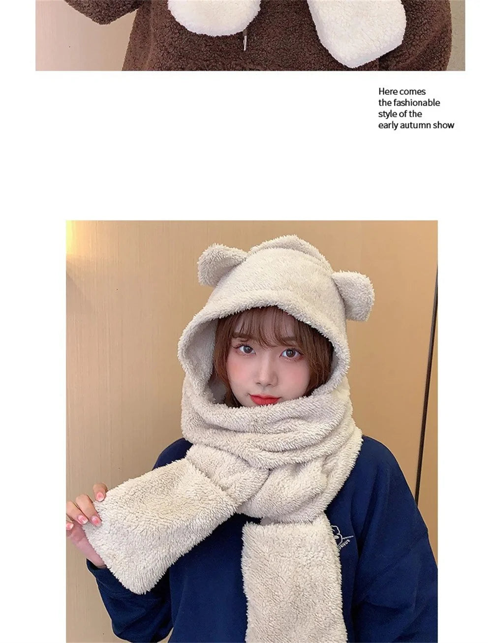 Cute Bear Ear Hat Fashion Winter Warm Comforts Polyester Thickened Plush Hoodie Hat Scarf Gloves Set Girl Kawaii Warm Casual Hat