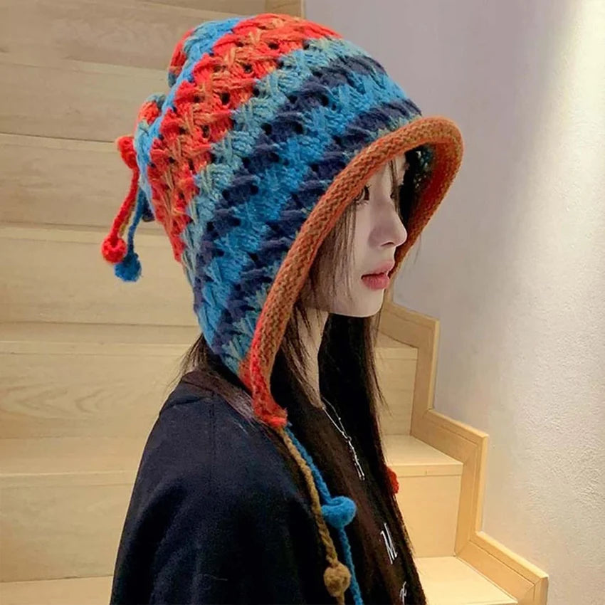 1Pc Curled Brim Wool Hat for Women, Winter Knitted Hat, Windproof Striped Rainbow Knitted Hat, Tassel Ball Knitted Hat, Suitable.
