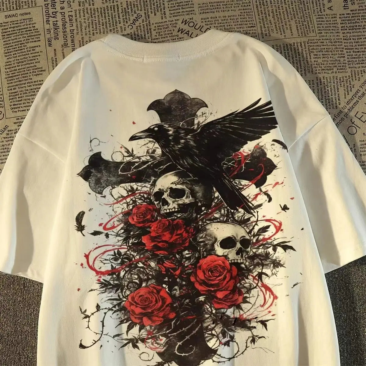 American Style Fashion Brand oversize Diablo Style Retro Subculture Skull Cross Short-sleeved T-shirt Men's Summer
