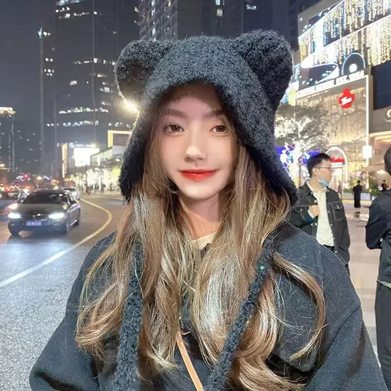 Cute Girl Knit Ear Protection Hat Bear Women Earmuffs Cap Woolen Crochet Bonnet Solid Color Hood Beanies Winter Warm Headgear