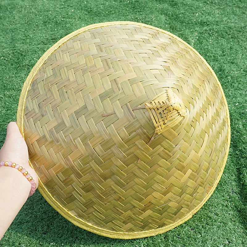 Traditional Chinese Fisherman Hat, Green Conical Bamboo Woven, Handmade Rattan Straw Bucket Hat