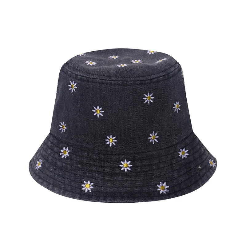 Popular Little Daisy Embroidered Cotton Summer Jeans Bucket Hat Cap For Women Spring Fisherman Hat Outdoor Travel Sunshade Gift