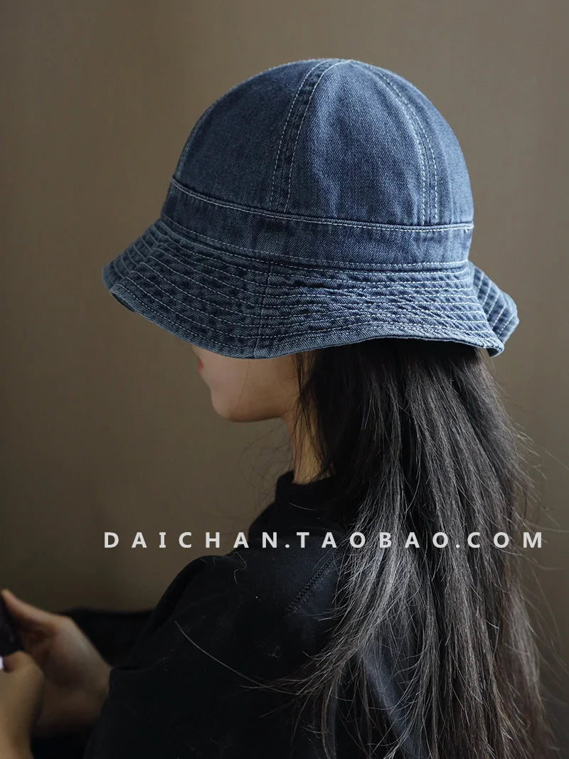 Japanese Retro Simple Dome Denim Basin Caps for Women Spring and Summer Travel Casual Versatile Sunscreen Bucket Hats Men