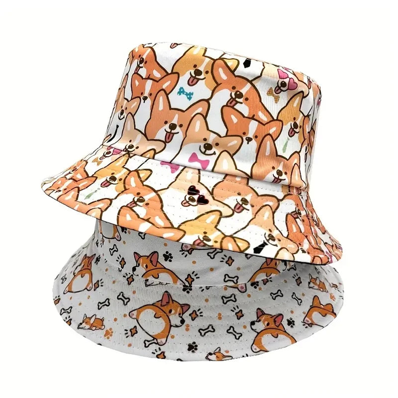 Bocca Cartoon Dog Bucket Hat Corgi Puppy Printing Fisherman Hats Double Sides Panama Cap Adult 58cm Caps Outdoor Travel Summer
