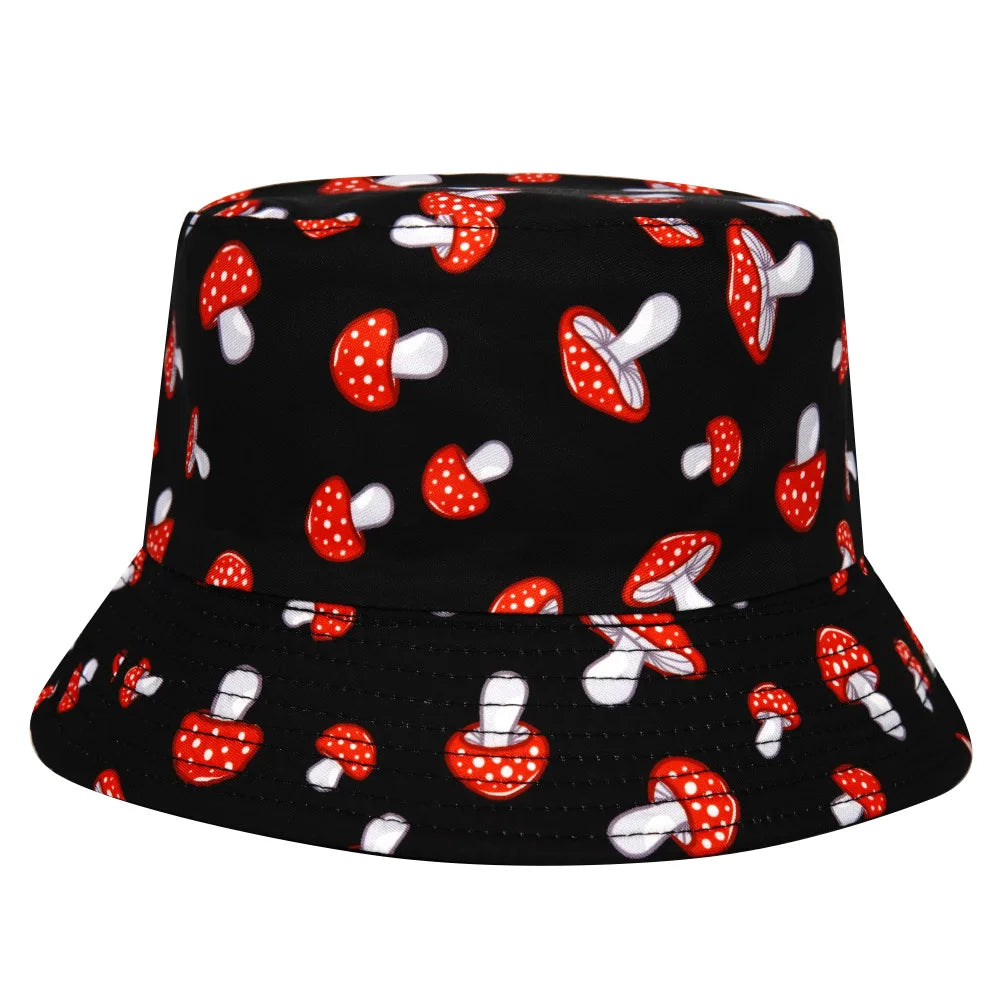 Unisex Hats Sun Shading Outdoor Sports Fishing Sun Hats Fashion Personalized Verstaile Mushroom Print Double-sided Bucket Hats